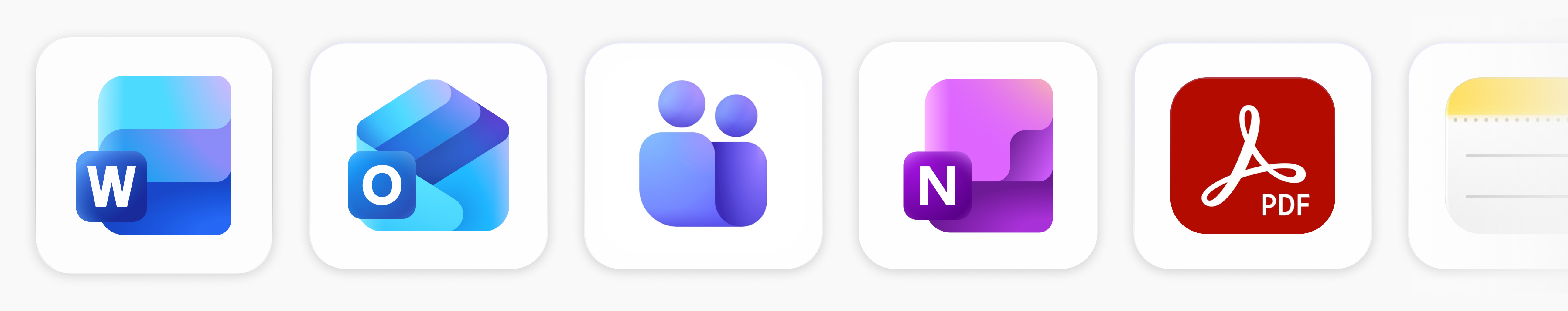 App-Icons: Word, Outlook, Teams, OneNote, PDF, Notizen